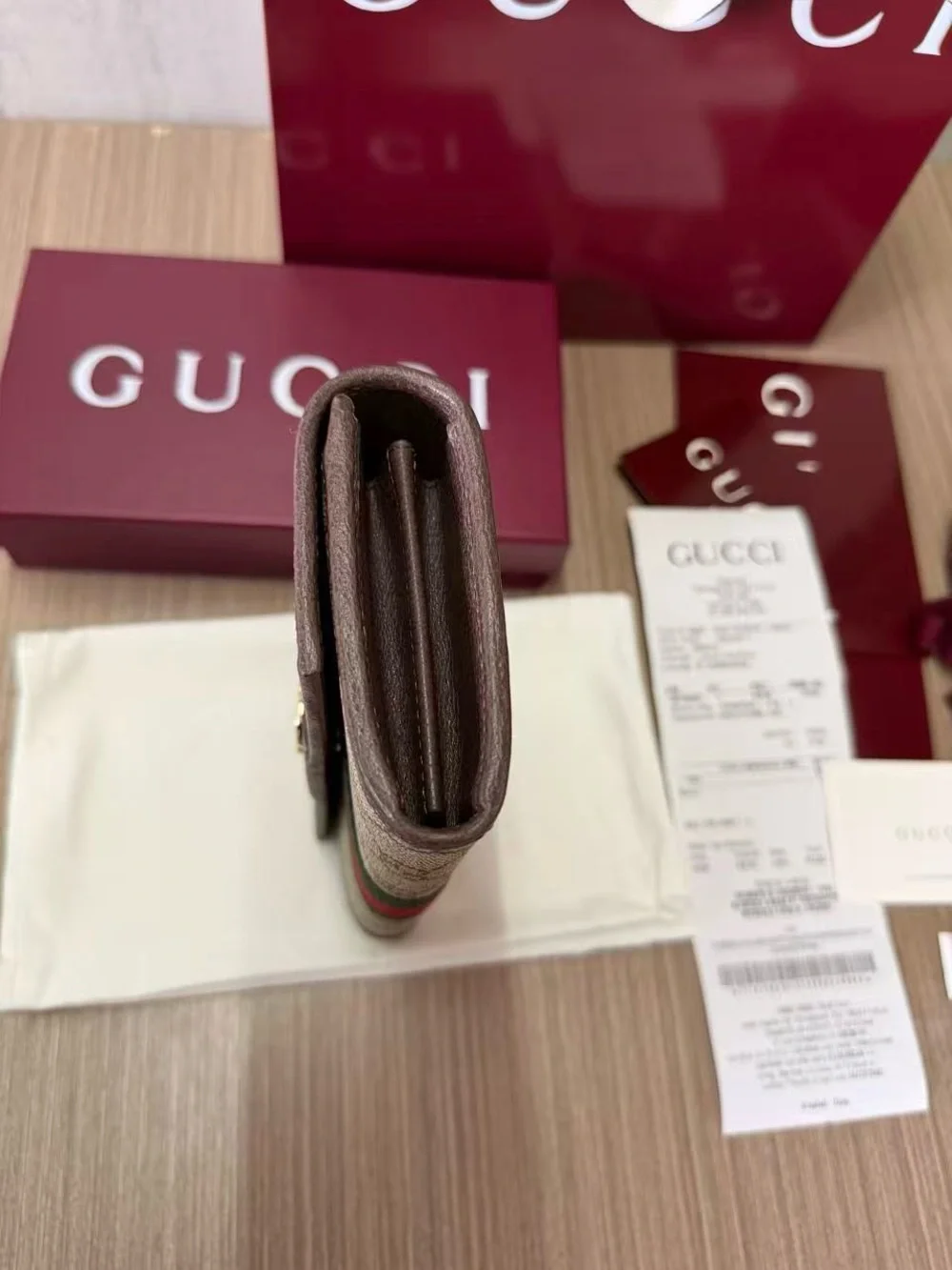 Gucci Beige GG Supreme Canvas Wallet with Green and Red Web